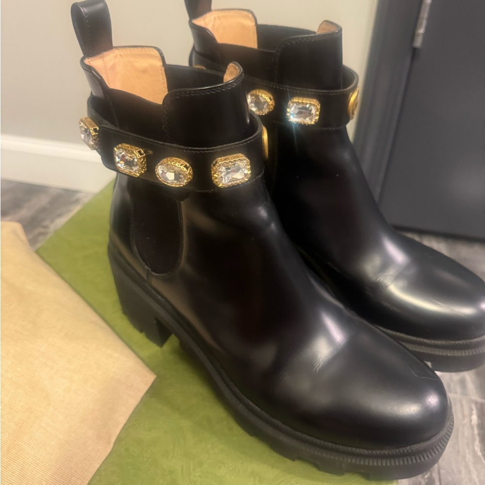 Gucci Black Ankle Boots with Gold Crystal Embellishments